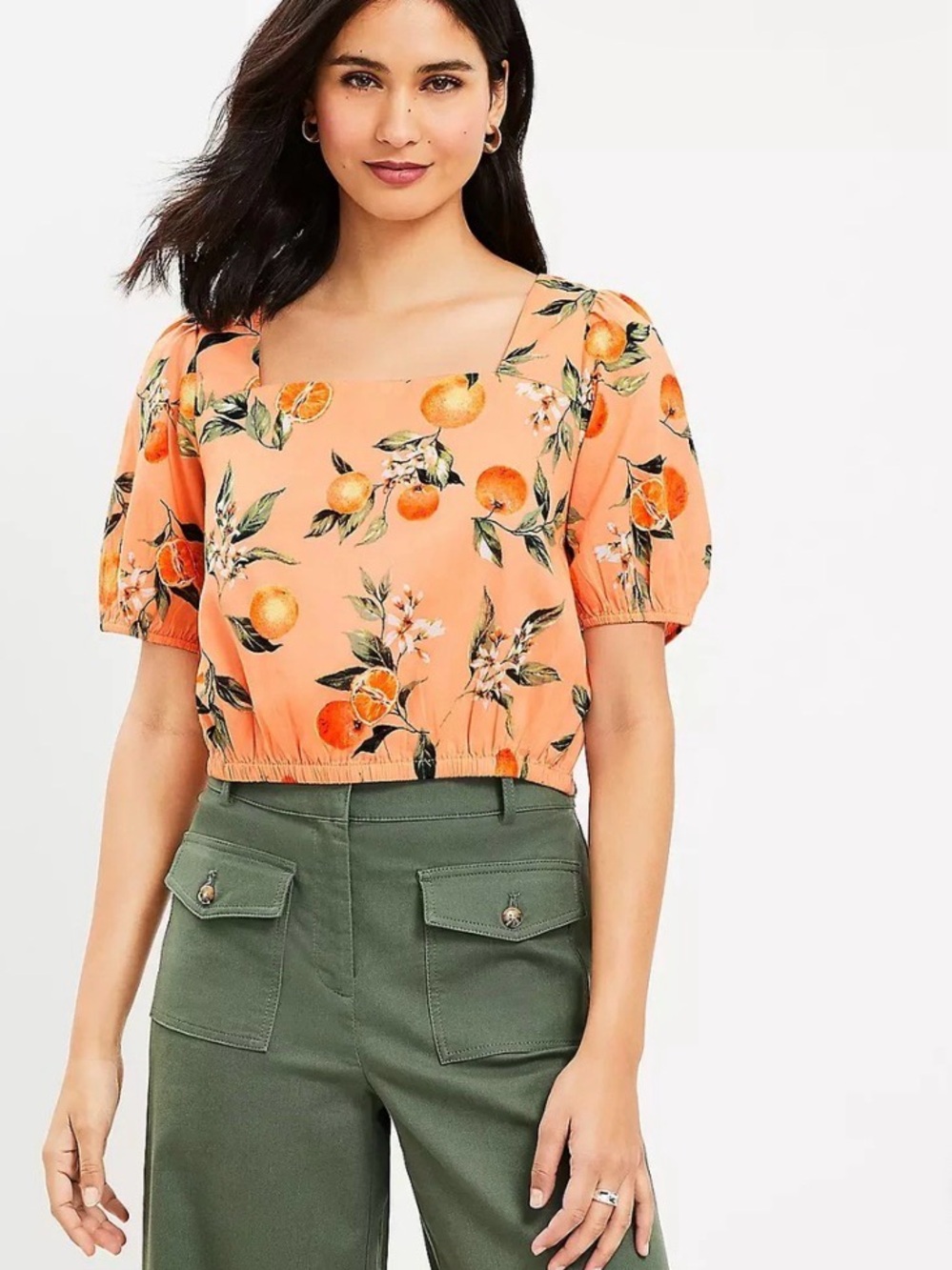 LOFT Harvest Crop Orange Floral Square-Neck Puff Sleeve Top